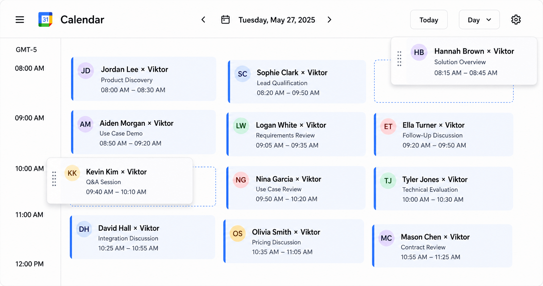 A sales rep's calendar fully booked with back-to-back meetings — Product Discovery, Use Case Demo, Lead Qualification, Solution Overview — all booked with in-market accounts.