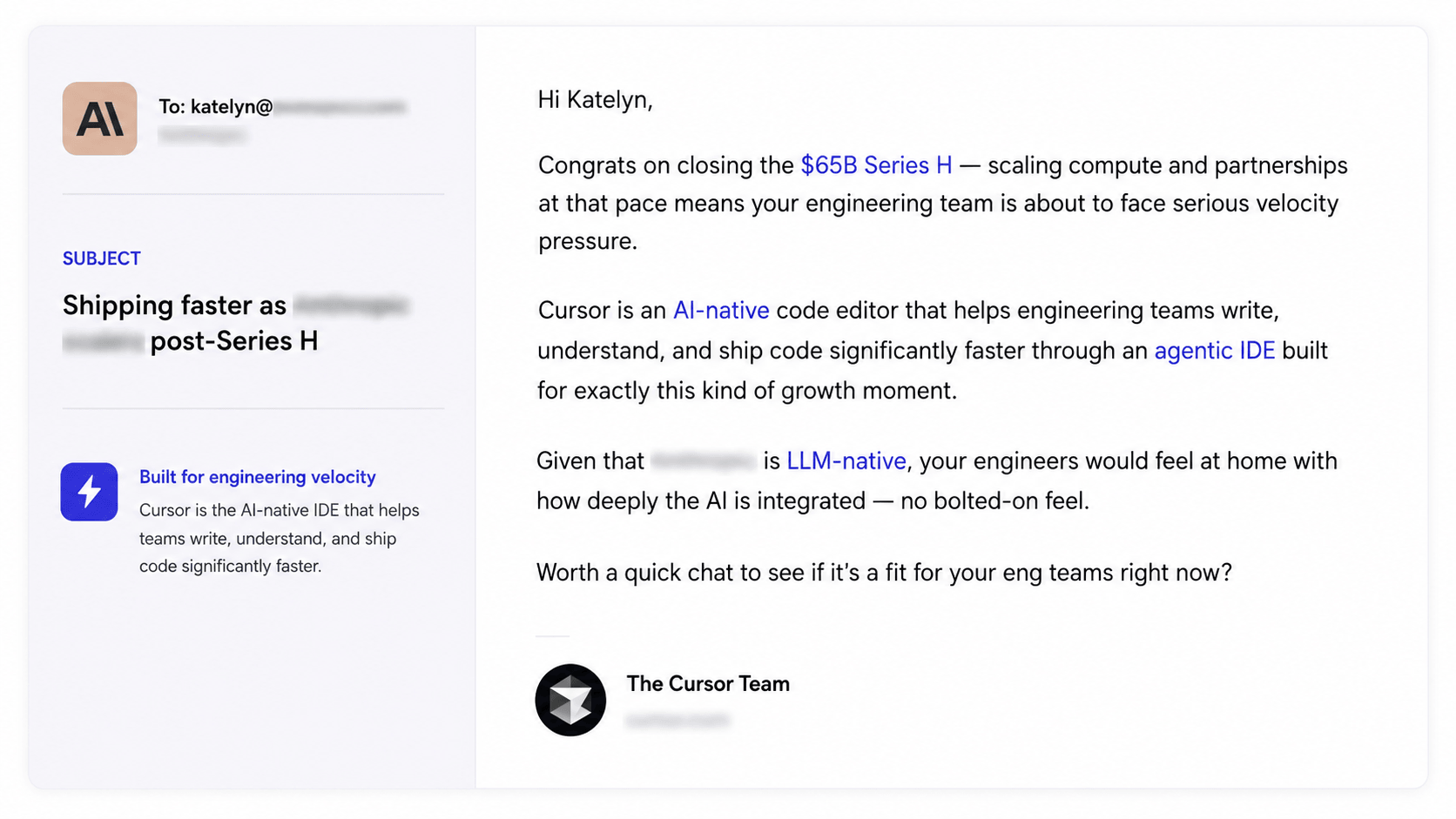 The outreach email CNVRTED generated for the contact the target list surfaced, opening with the account's funding round and tying that moment to the product before asking for a short call.