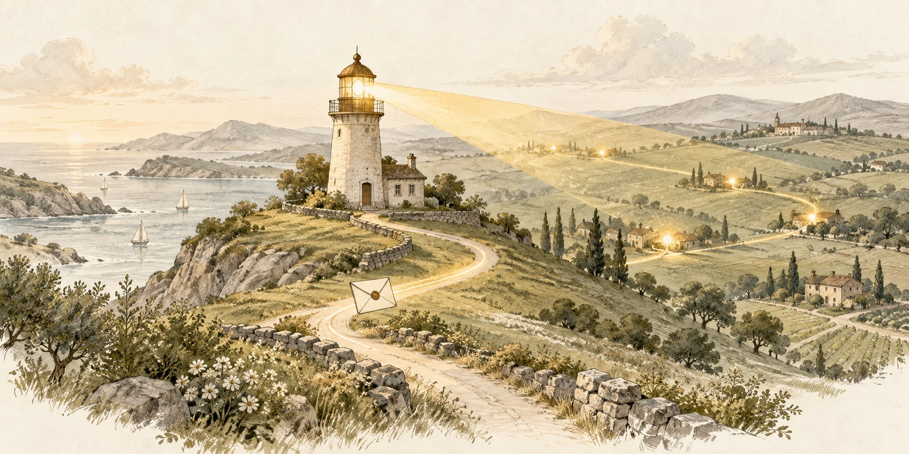 A lighthouse discovers golden signals across rolling hills, with an illuminated path returning to its source.
