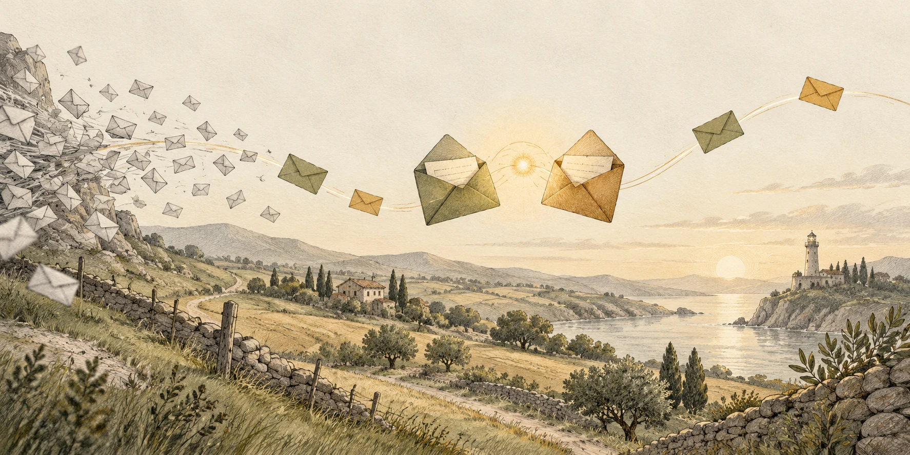 A flurry of pale envelopes becomes a few warm, glowing conversations above an illustrated coastal landscape.